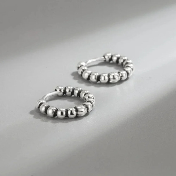 925 Sterling Silver Small Huggie Hoop Earrings Beaded Huggies - Picture 5 of 6